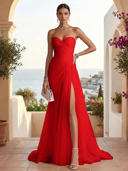 Strapless Sweetheart High Slit Tulle Pleat Prom Dress Evening Dresses