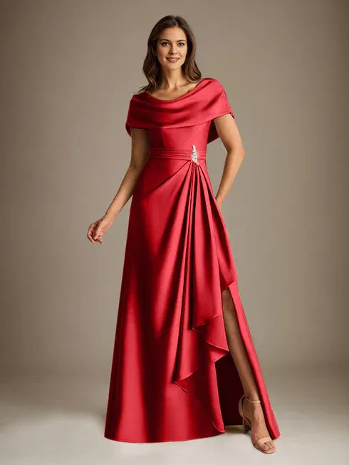 A-Line Scoop Floor-Length Stretch Satin Mother of the Bride Dress With Cascading Ruffles