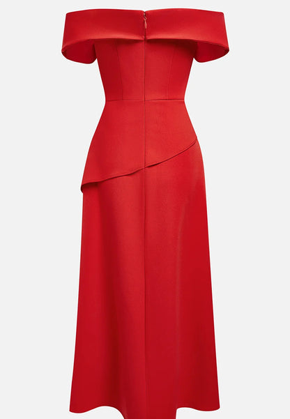Red Slit Off The Shoulder A-Line Midi Dress