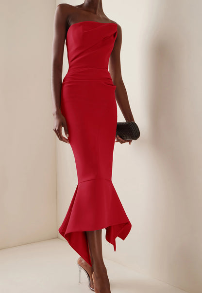 Red Strapless Sheath Mermaid Maxi Dress with Flouncing Skirt