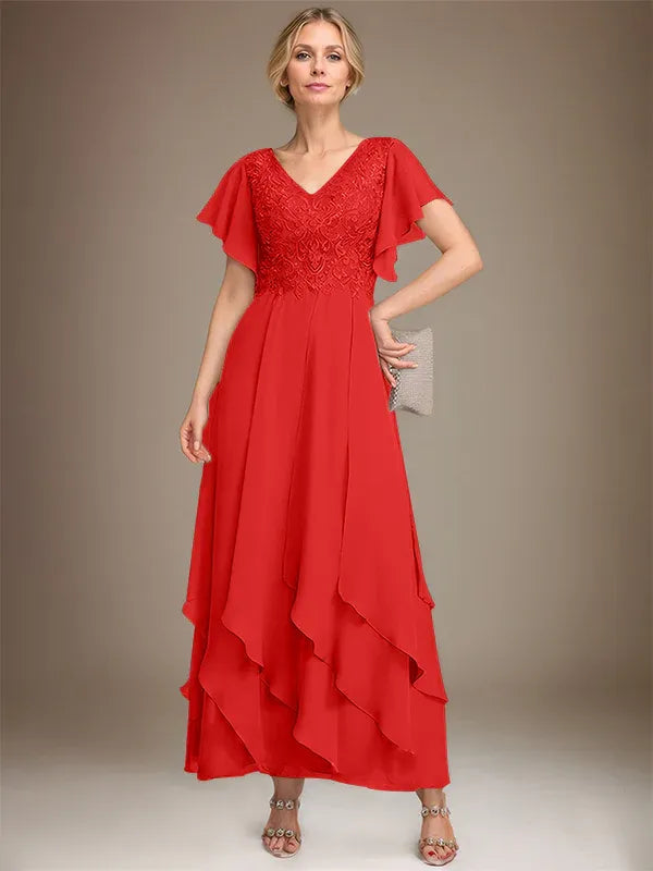 A-line V-Neck Ankle-Length Lace Chiffon Mother of the Bride Dress With Cascading Ruffles