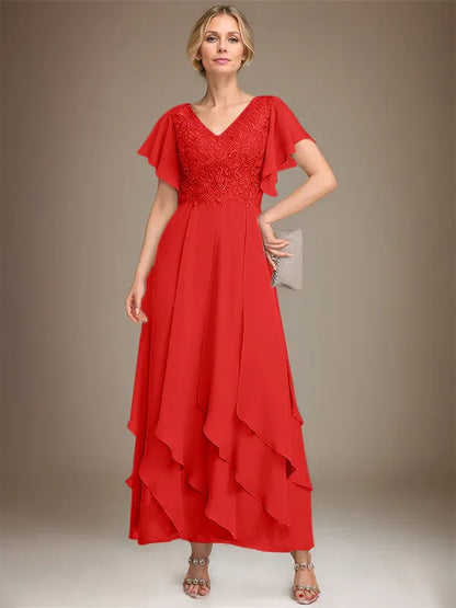 A-line V-Neck Ankle-Length Lace Chiffon Mother of the Bride Dress With Cascading Ruffles