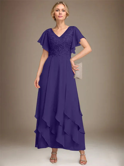 A-line V-Neck Ankle-Length Lace Chiffon Mother of the Bride Dress With Cascading Ruffles