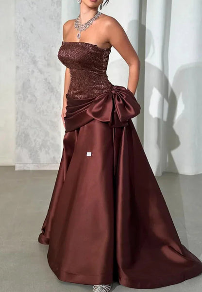Straight Across Sleeveless Bow A-Line Satin Evening Dress