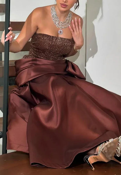 Straight Across Sleeveless Bow A-Line Satin Evening Dress