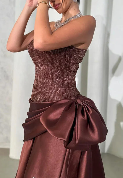 Straight Across Sleeveless Bow A-Line Satin Evening Dress