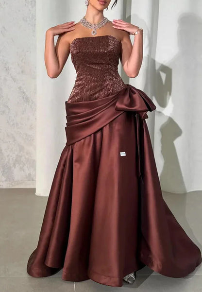 Straight Across Sleeveless Bow A-Line Satin Evening Dress