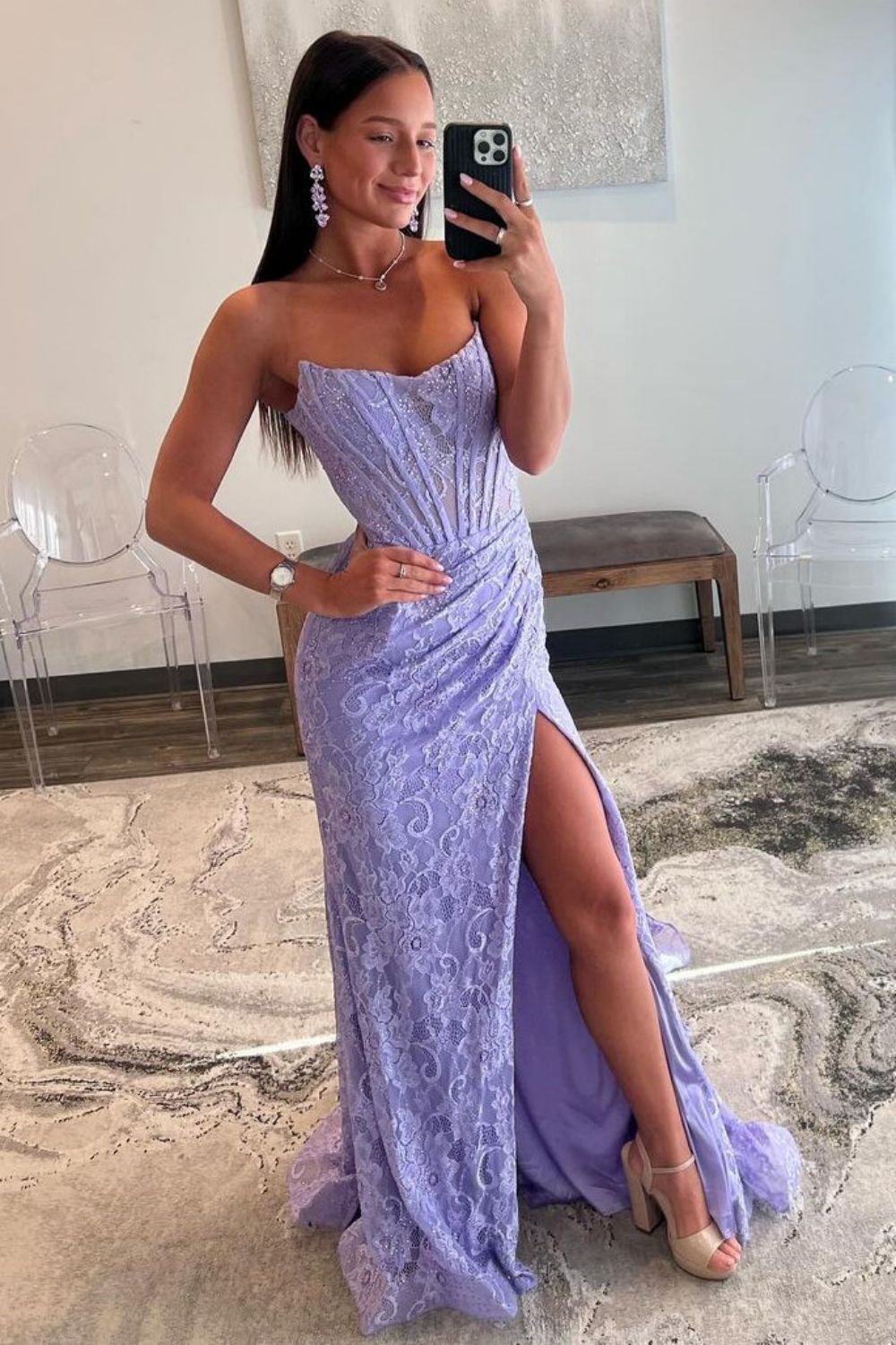 Romantic Lavender Mermaid Strapless Long Lace Prom Dress With Slit