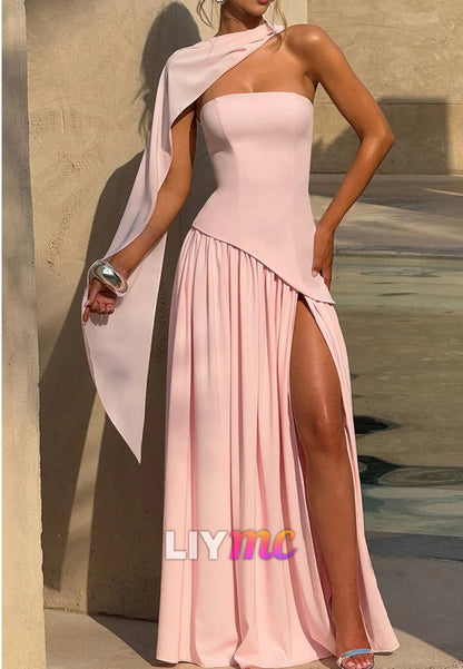 Strapless Sheath Chiffon Long Prom Dresses With Slit