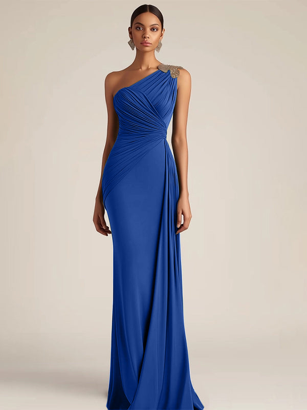 Formal Evening Dress Green One-Shoulder Ruched Floor-Length Dress