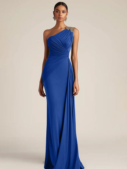 Formal Evening Dress Green One-Shoulder Ruched Floor-Length Dress