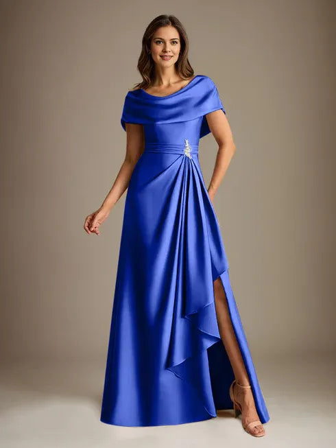 A-Line Scoop Floor-Length Stretch Satin Mother of the Bride Dress With Cascading Ruffles