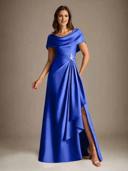 A-Line Scoop Floor-Length Stretch Satin Mother of the Bride Dress With Cascading Ruffles