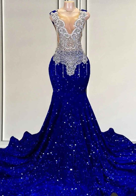 Royal Blue Sequins Beaded Sparkly Mermaid Prom Dress for Black Girls