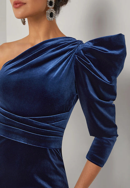 Royal Blue Velvet One Shoulder Three Quarter Sleeve Sheath Midi Dress