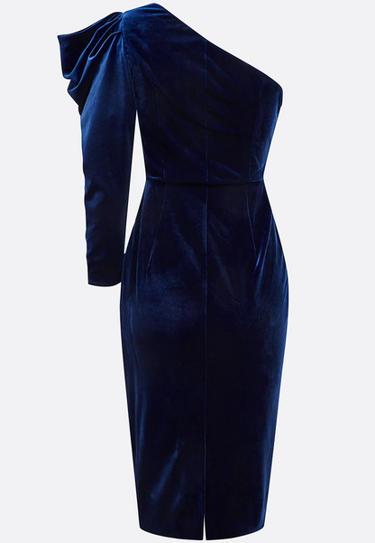 Royal Blue Velvet One Shoulder Three Quarter Sleeve Sheath Midi Dress