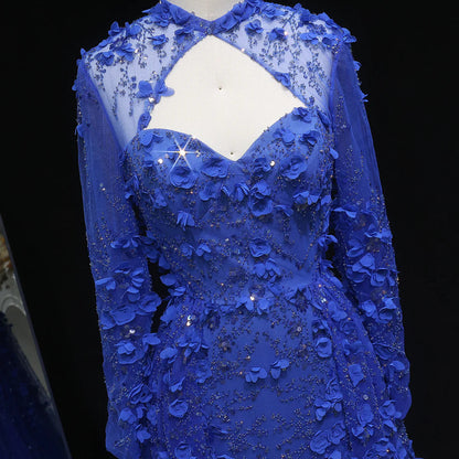 Elegant Royal Blue Floral Beaded Evening Dress with Skirt