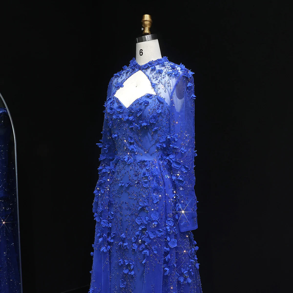 Elegant Royal Blue Floral Beaded Evening Dress with Skirt