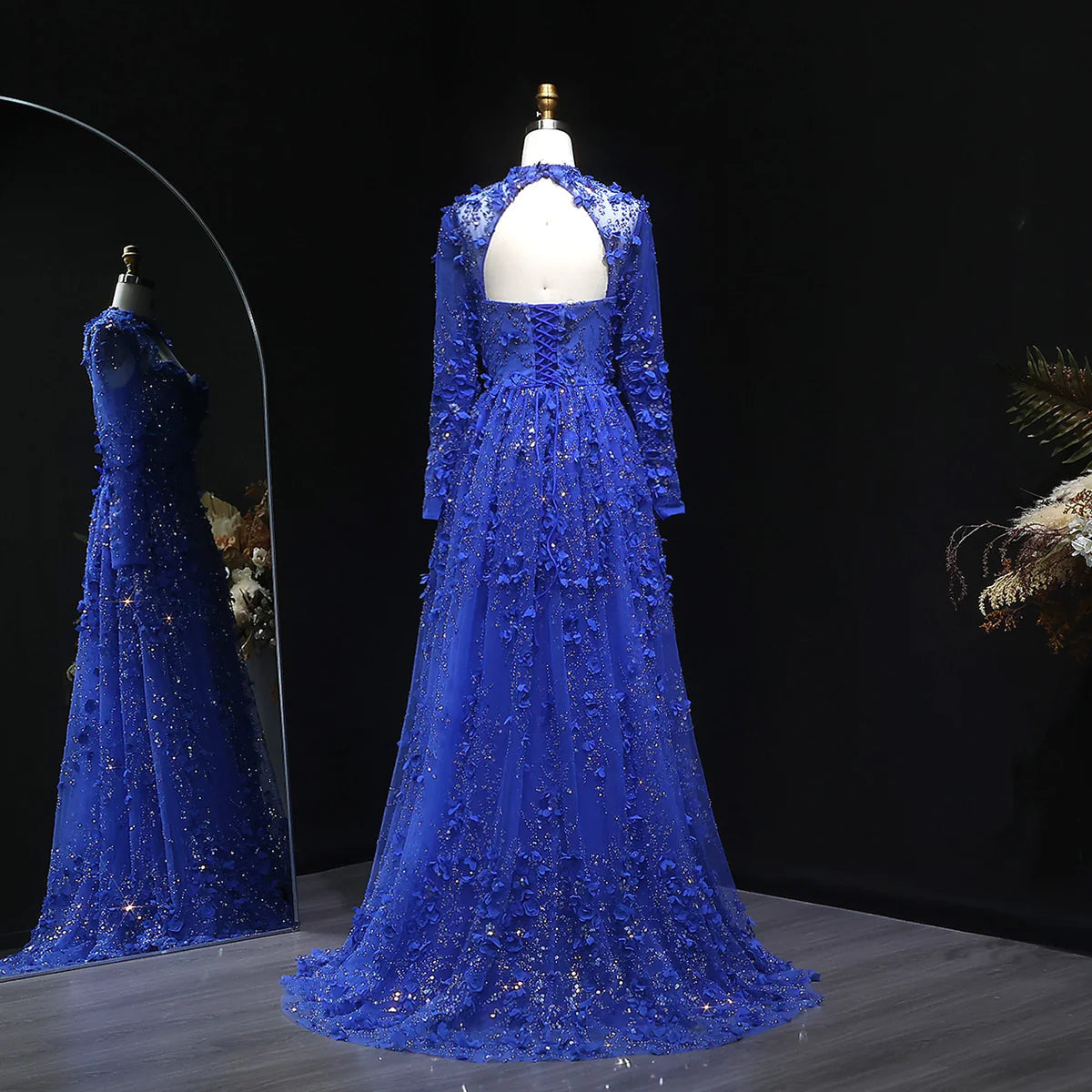 Elegant Royal Blue Floral Beaded Evening Dress with Skirt