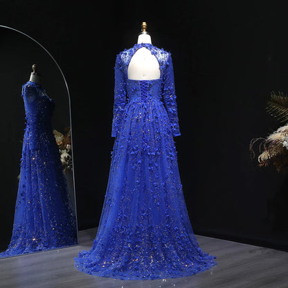 Elegant Royal Blue Floral Beaded Evening Dress with Skirt