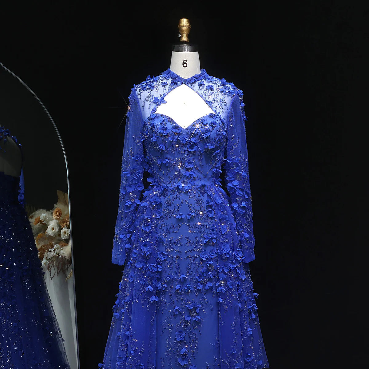 Elegant Royal Blue Floral Beaded Evening Dress with Skirt