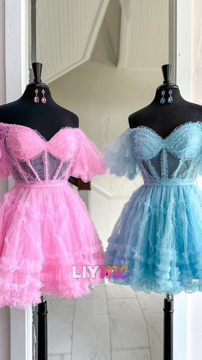 Off-Shoulder Puff Sleeves Sheer Tulle A-Line Short Homecoming Dress