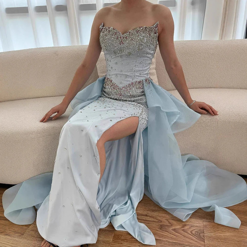 Luxury Blue Crystal Beaded Mermaid Evening Dress with Overskirt