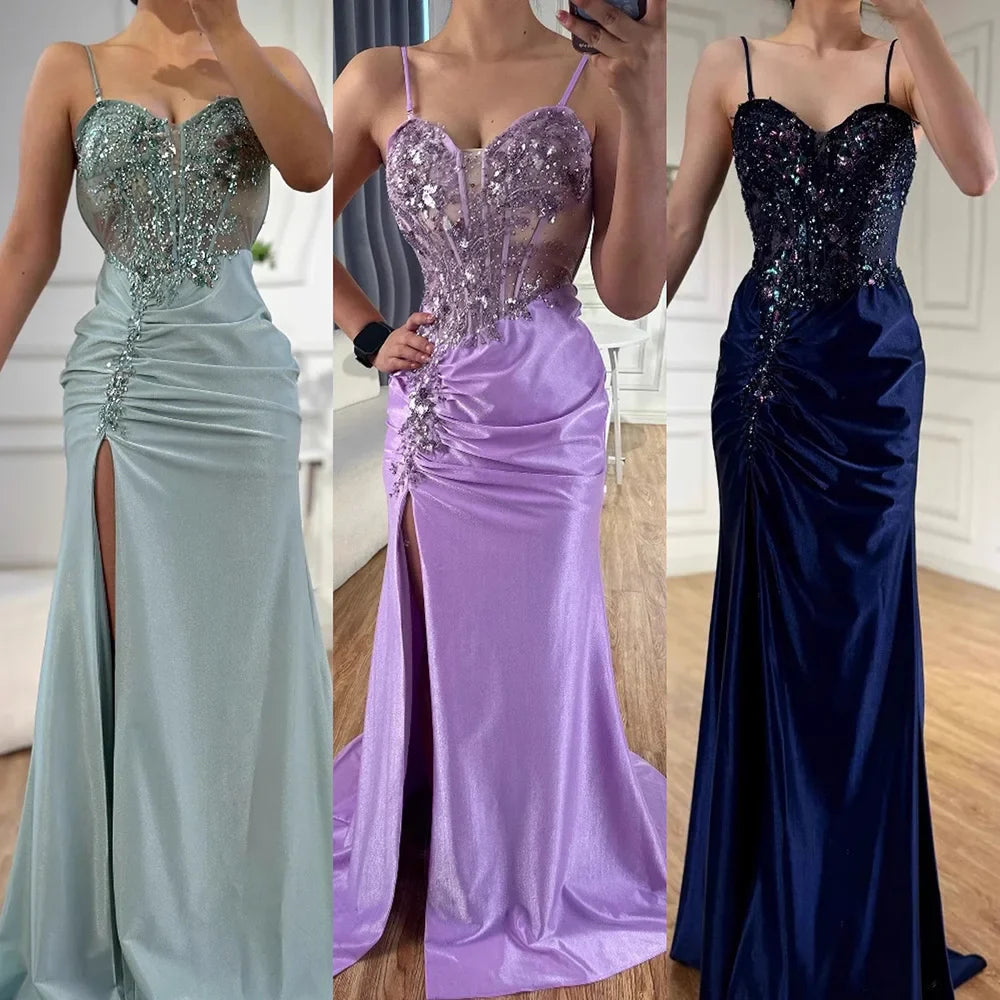 Classy Navy Satin Prom Dress with Lace Beaded and Slit