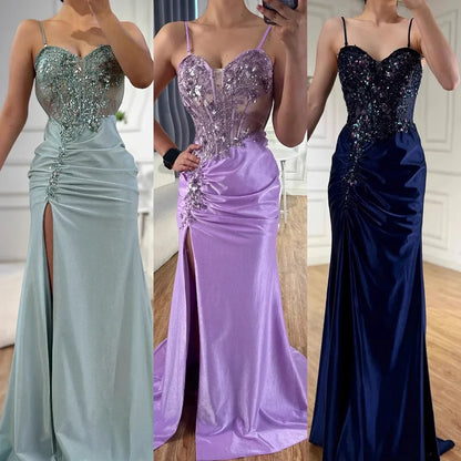 Classy Navy Satin Prom Dress with Lace Beaded and Slit