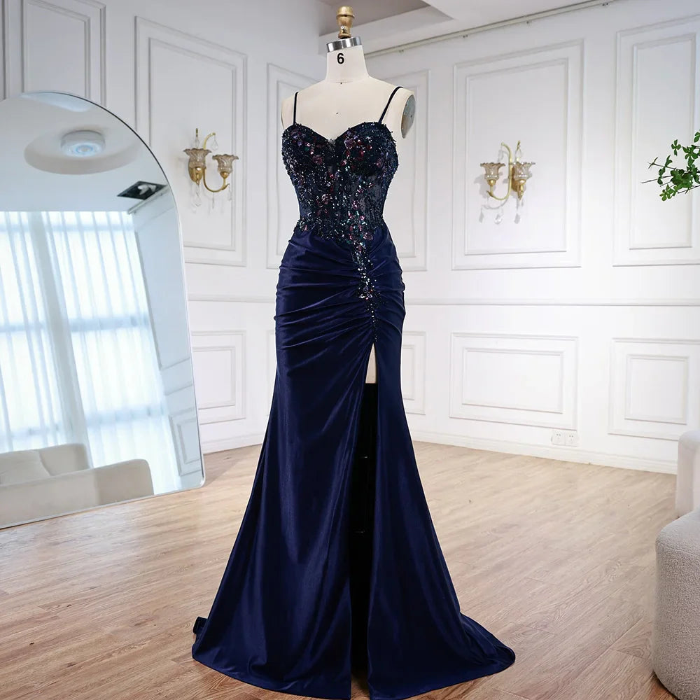 Classy Navy Satin Prom Dress with Lace Beaded and Slit