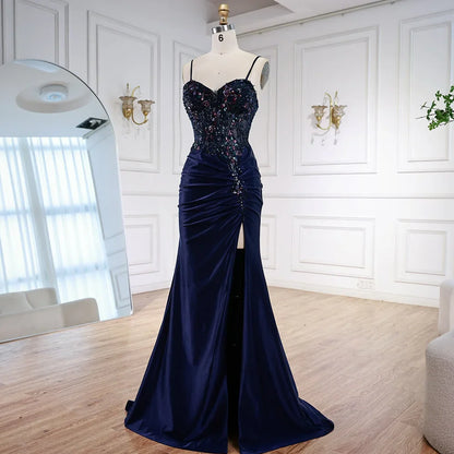 Classy Navy Satin Prom Dress with Lace Beaded and Slit