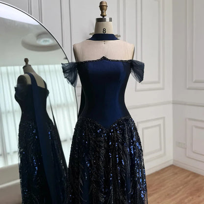 Luxury Arabic Navy A-Line Evening Dress with Beaded