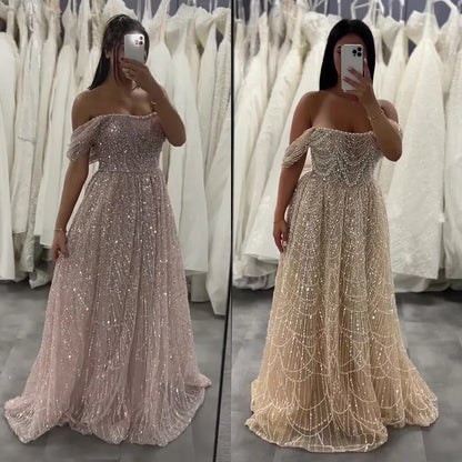 Nude A-Line Evening Gown with Pearl Beading