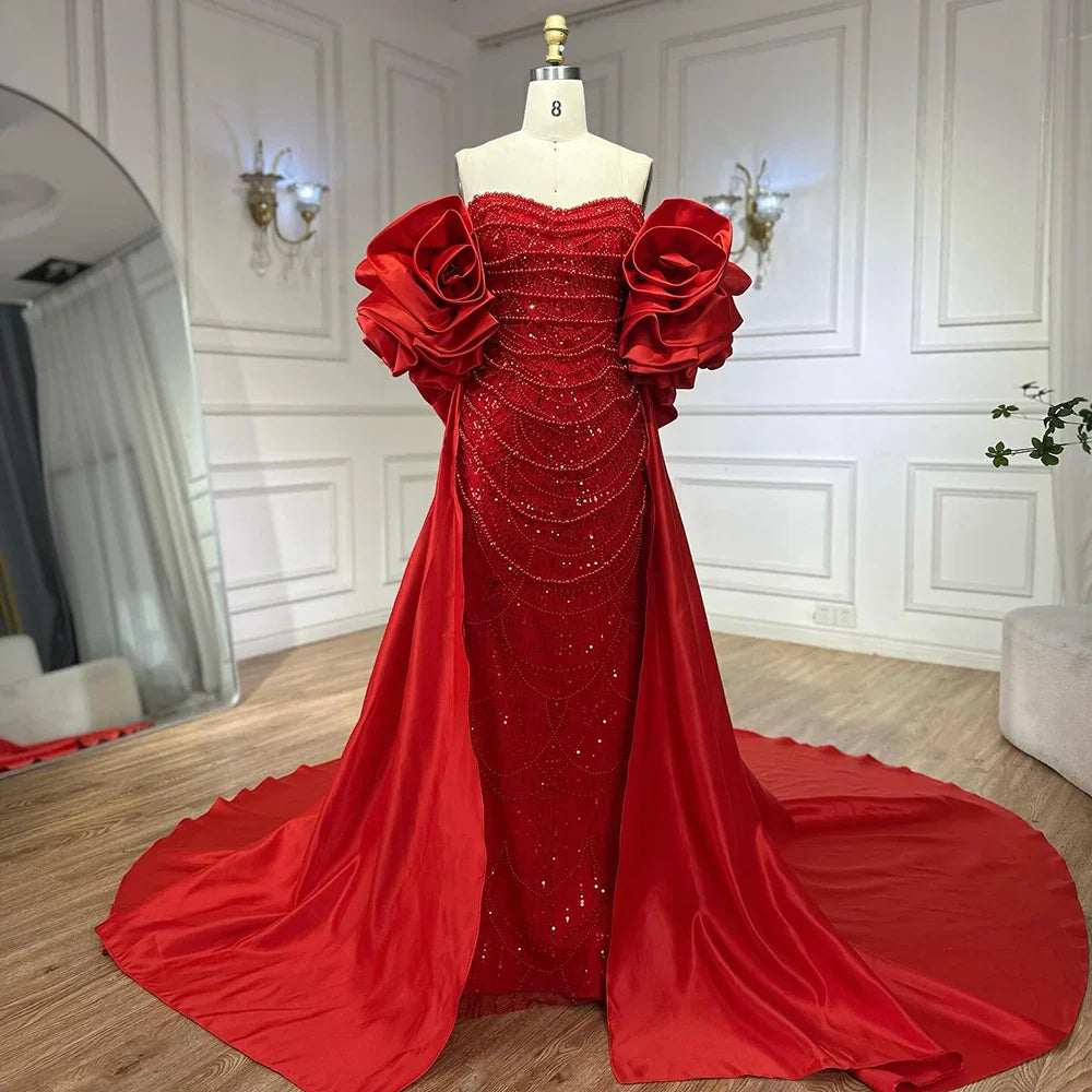 Red Long Cape Pearls Beaded Mermaid Evening Dress Gown