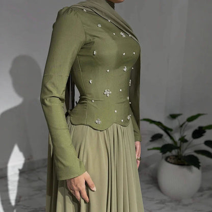 Luxury Olive Green Beaded Evening Dress with Cape