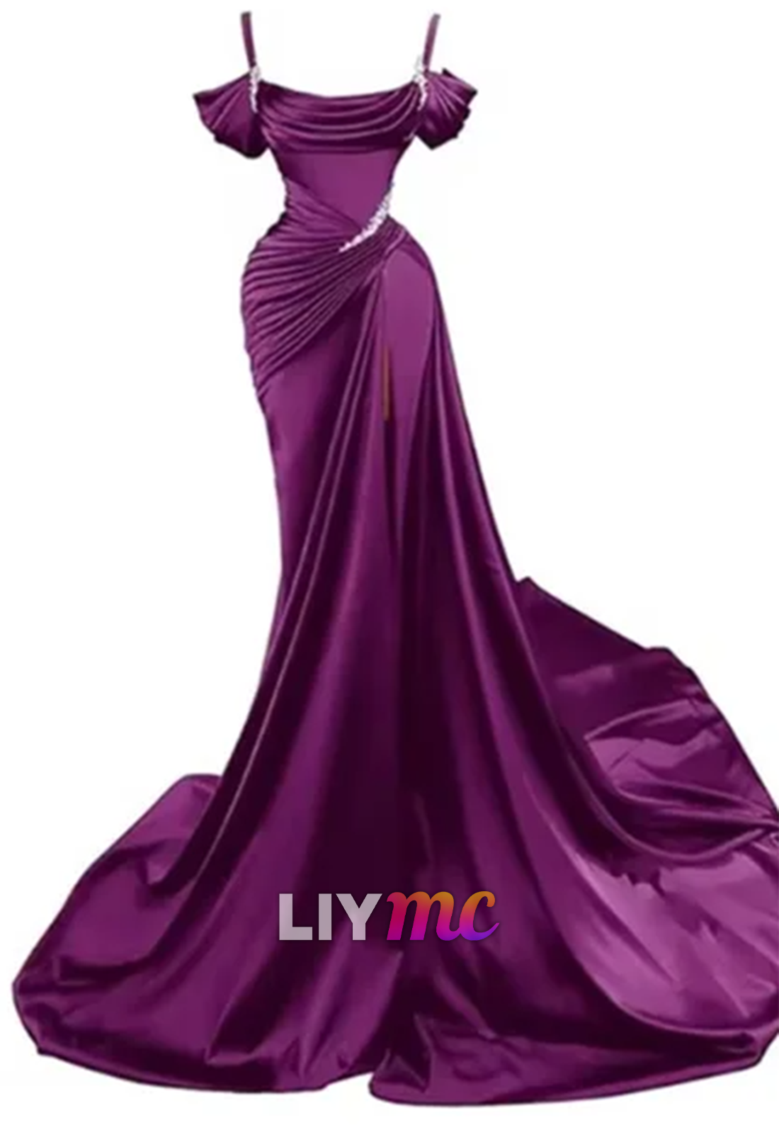 LP595 - Mermaid/Trumpet Off Shoulder Pleated Satin Long Prom Evening Dress With Slit