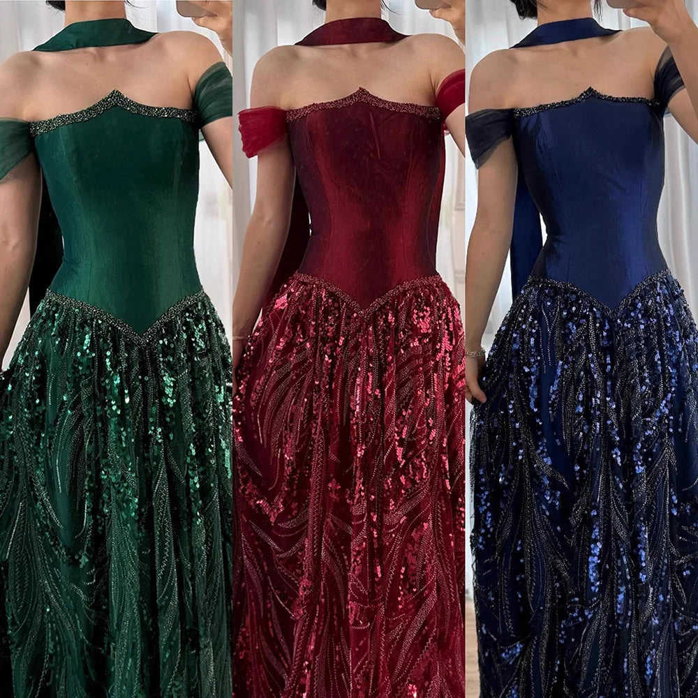 Luxury Arabic Navy A-Line Evening Dress with Beaded