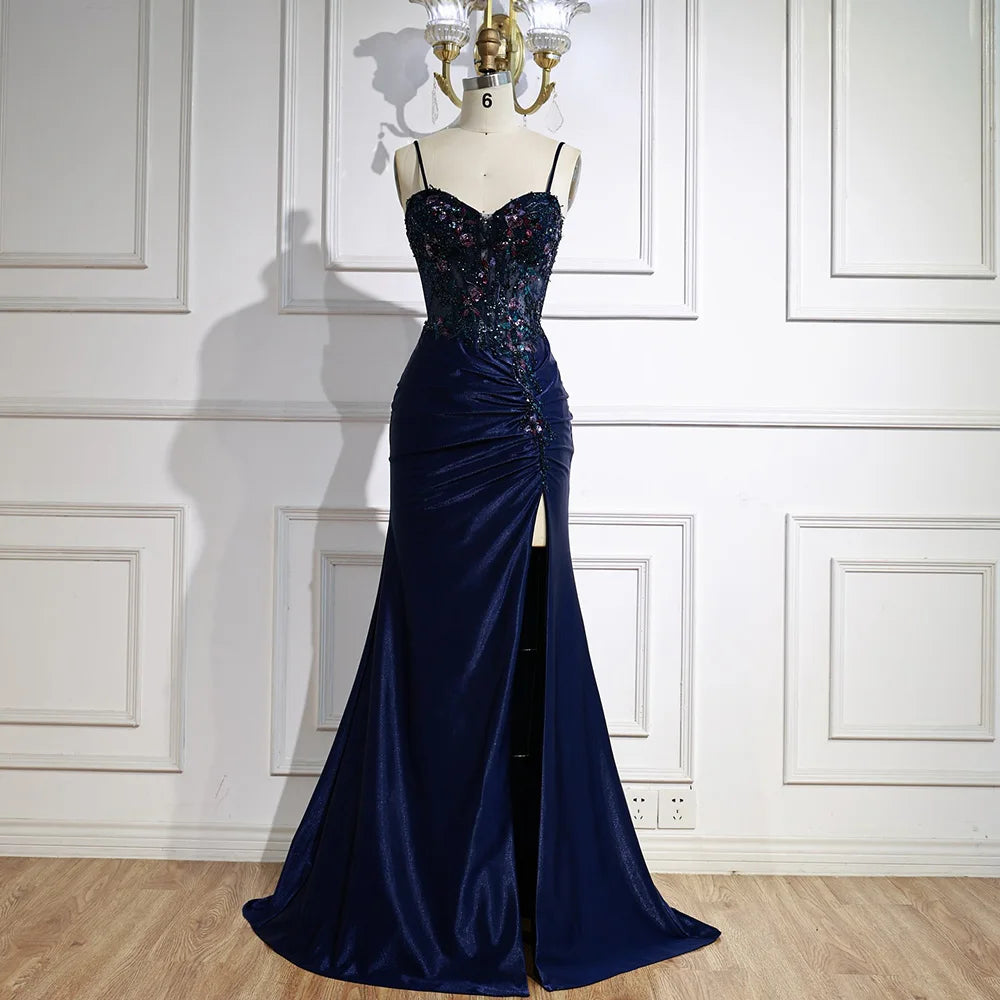 Classy Navy Satin Prom Dress with Lace Beaded and Slit