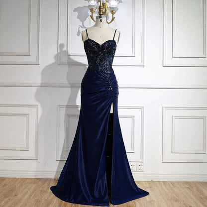 Classy Navy Satin Prom Dress with Lace Beaded and Slit