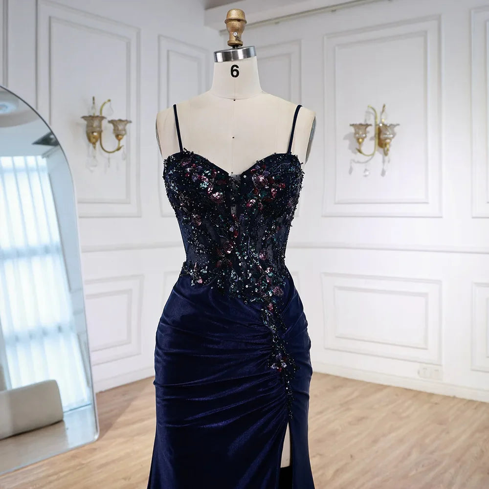 Classy Navy Satin Prom Dress with Lace Beaded and Slit