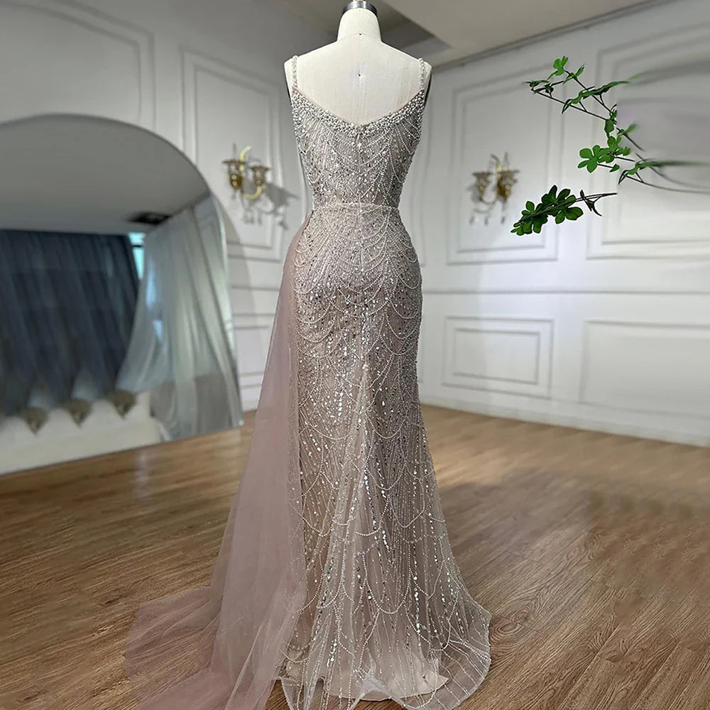 Nude Mermaid Spaghetti Straps Beaded Evening Gown