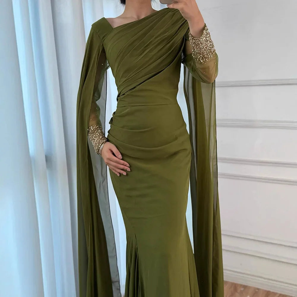 Luxury Olive Green Beaded Stretch Mermaid Evening Dress