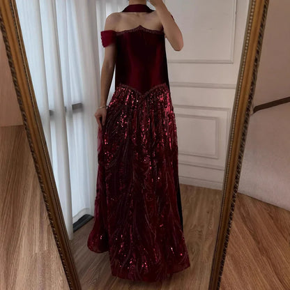 Luxury Arabic Navy A-Line Evening Dress with Beaded