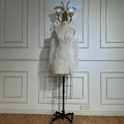 Luxury White Short  Beaded Mermaid Feather Cocktail Dress
