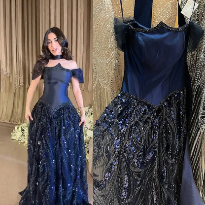 Luxury Arabic Navy A-Line Evening Dress with Beaded