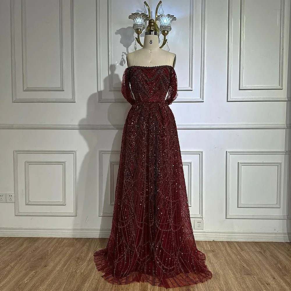 Nude A-Line Evening Gown with Pearl Beading