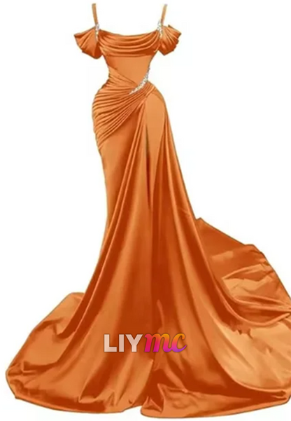 LP595 - Mermaid/Trumpet Off Shoulder Pleated Satin Long Prom Evening Dress With Slit