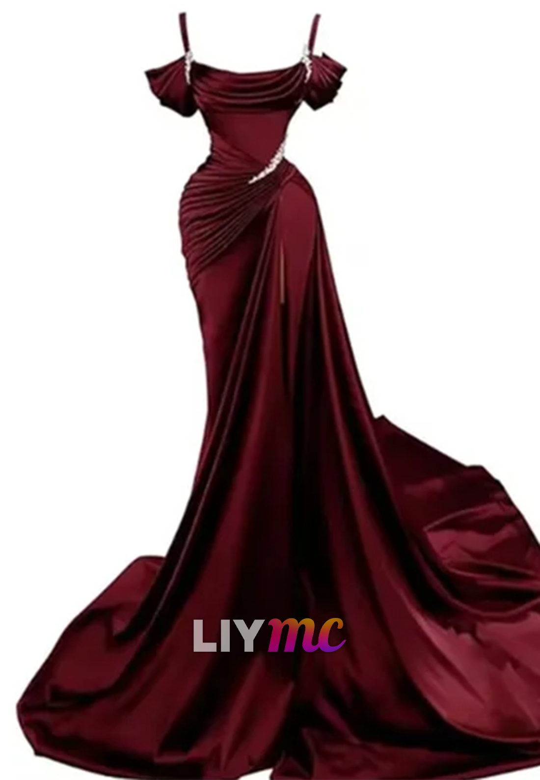 LP595 - Mermaid/Trumpet Off Shoulder Pleated Satin Long Prom Evening Dress With Slit