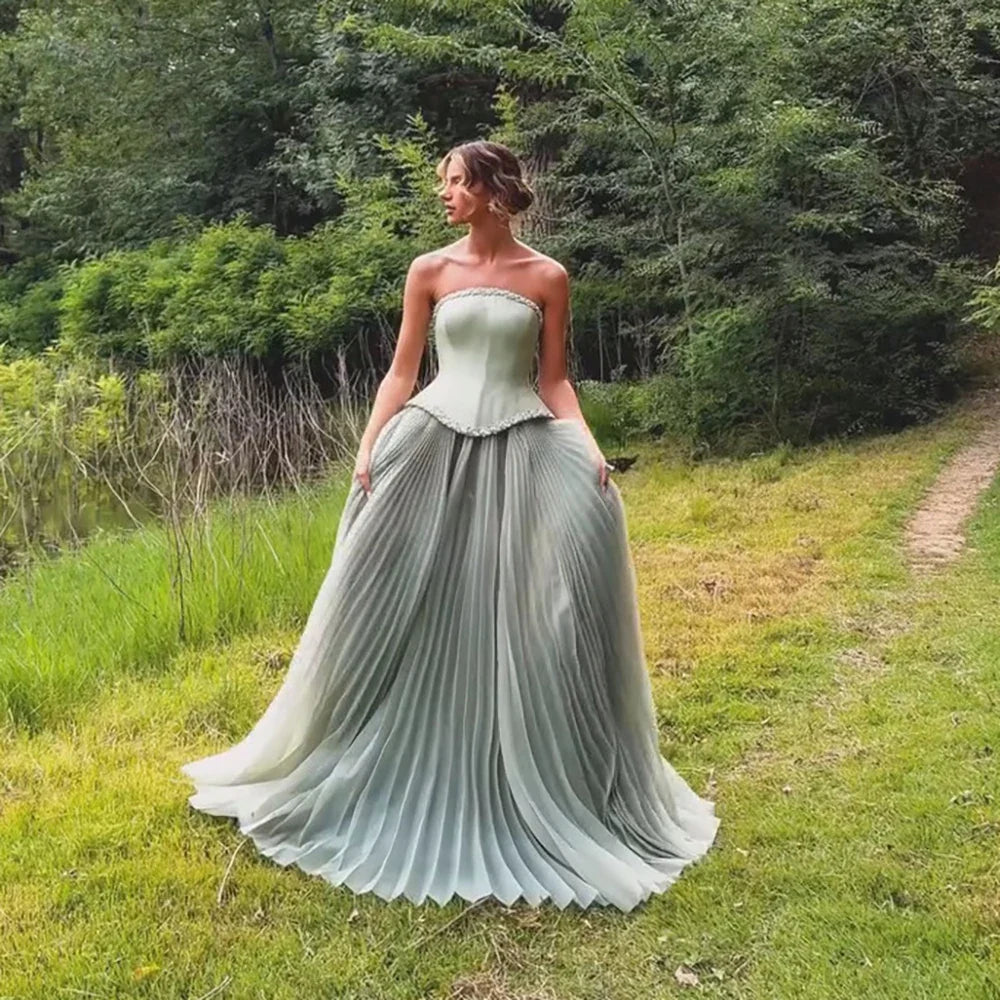 Luxury Sage Green A-Line Crystal Beaded Evening Dress