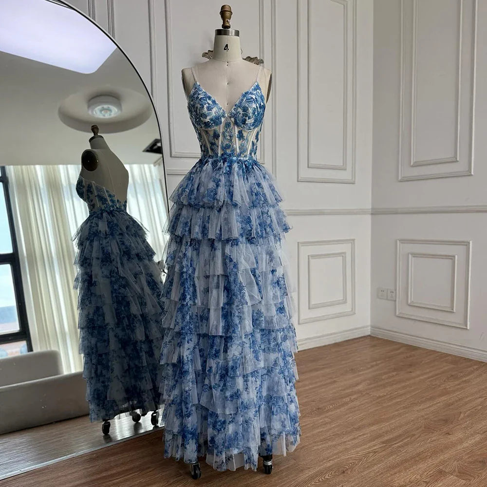 Spaghetti Straps Blue Print Floral Ruffle Prom Dress